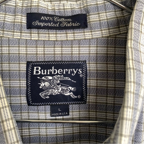 Vintage Burberry Men's Large Button Up Short Sleeve Blue Check Cotton Summer - Picture 3 of 7